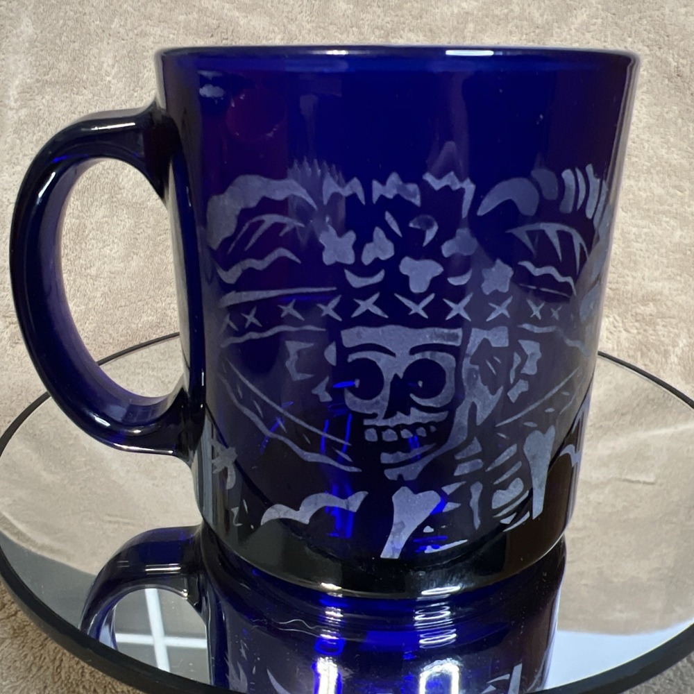 Cobalt Blue Glass Dia De La‎ Muerta Engraved, Artist Signed Coffee Cup Mug